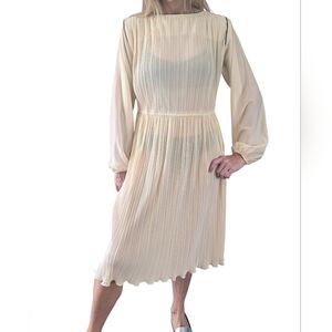 Vintage Hal Ferman Butter Yellow Pleated Midi Dress Petite Late 70s
